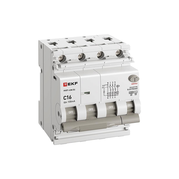 Автоматический выключатель дифференциального тока АВДТ-63N 3P+N (S) 16А характеристика C 100мА тип AC электронный селективный 6кА PROXIMA EKF