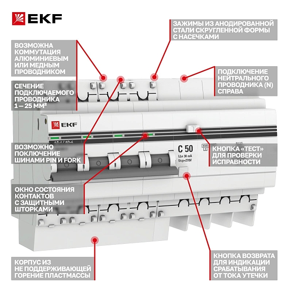 Автоматический выключатель дифференциального тока АД-4 4P 50А характеристика C 30мА тип АС электронный 4,5кА PROXIMA EKF