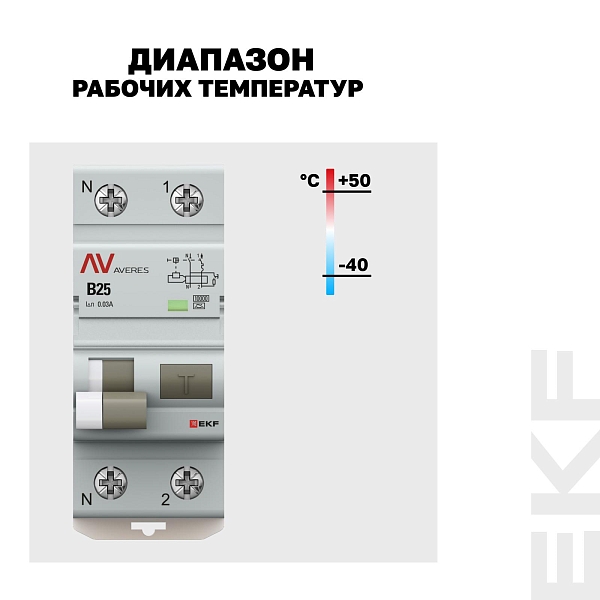 Автоматический выключатель дифференциального тока DVA-10 1P+N 25А характеристика B 30мА тип A электромеханический 10кА AVERES EKF