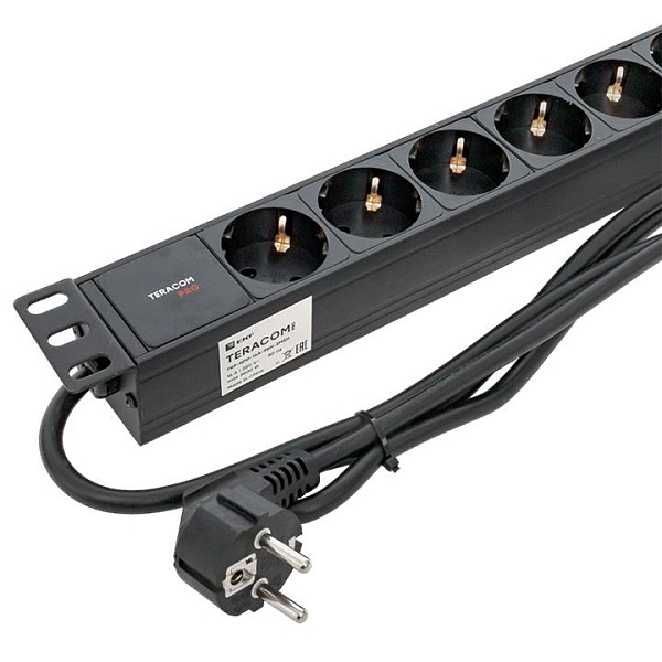 Блок розеток PDU TERACOM PRO 19" 1U 16А/250В 9 розеток Schuko шнур питания длиной 2 метра сечение 3x1,5 мм2 вилка Schuko корпус алюминий черный