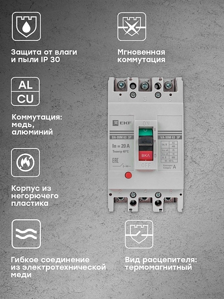 Выключатель автоматический в литом корпусе ВА-99М 63/20А 3P 10In 25кА с термомагнитным расцепителем EKF