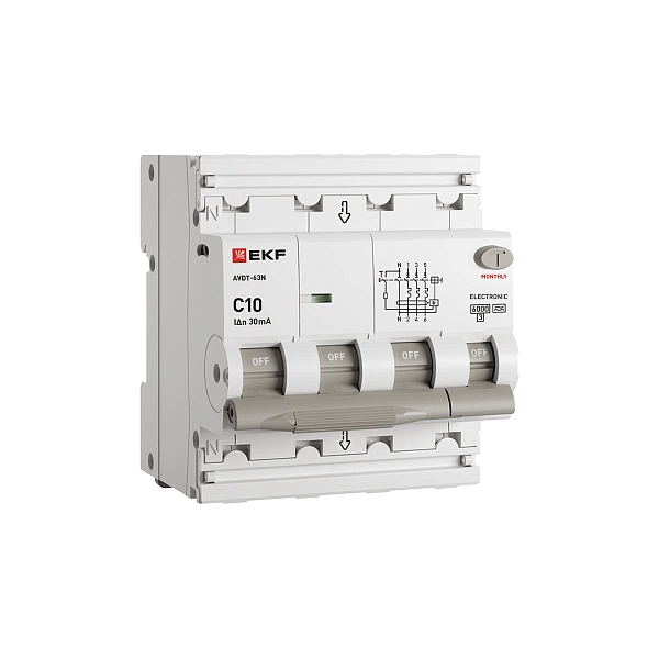 Автоматический выключатель дифференциального тока АВДТ-63N 3P+N 10А характеристика C 30мА тип A электронный 6кА PROXIMA EKF