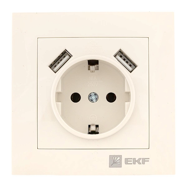 Валенсия розетка 1-местная с/з 16А кремовая с защ. штор. с 2 USB 2,1А EKF