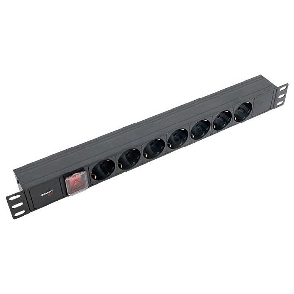 Блок розеток PDU TERACOM PRO 19" 1U 10А/250В 7 розеток Schuko с выключателем без шнура питания входной разъем C14 корпус алюминий черный