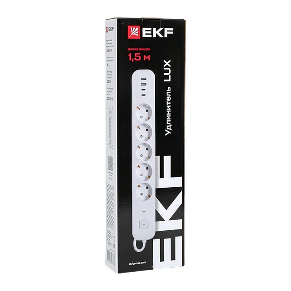 Удлинитель LUX 5 гнезд 2USB 2,4А+2type-C 1,5 метра 1,5мм2 EKF