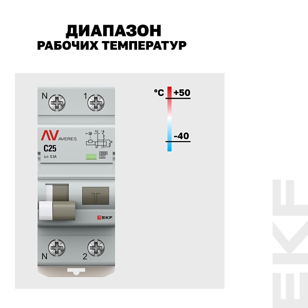 Автоматический выключатель дифференциального тока DVA-10 1P+N 25А характеристика C 300мА тип A электромеханический 10кА AVERES EKF
