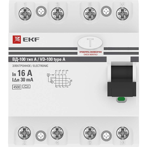 Выключатель дифференциального тока ВД-100 4P 16А 30мА тип А электромеханический 4,5кА PROXIMA EKF