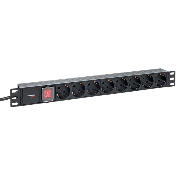 Блок розеток PDU TERACOM PRO 19" 1U 16А/250В 8 розеток Schuko с выключателем шнур питания длиной 2 метра сечение 3x1,5 мм2 вилка Schuko корпус пластик черный