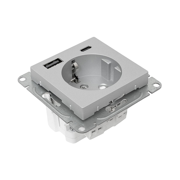 Механизм розетки с USB-A+С - 2шт, 16А, с заземлением, со шторками, алюминий Эпика EKF