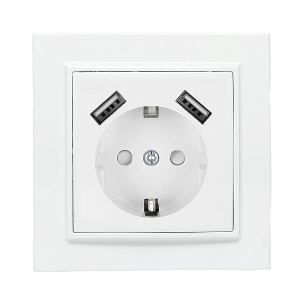 Минск Розетка 1-местная СП с/з 16А белая с защ. штор. с 2 USB 2,1А EKF
