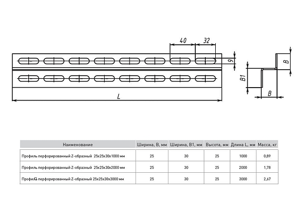 Профиль перфорированный Z-образный 25x30x1000 мм (2 мм) EKF