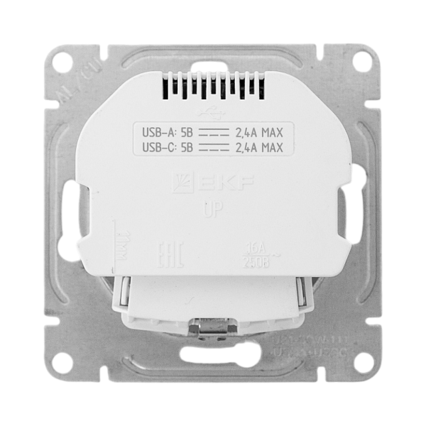 Механизм розетки с USB-A+С - 2шт, 16А, с заземлением, со шторками, белый Эпика EKF