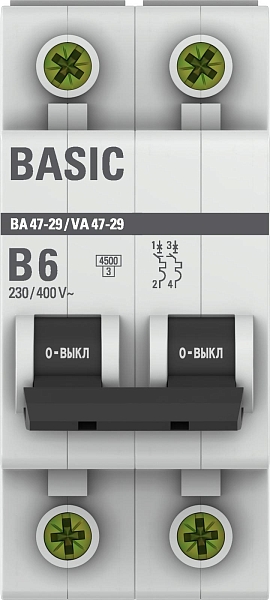 Автоматический выключатель ВА 47-29 2P 6А (B) 4,5кА BASIC