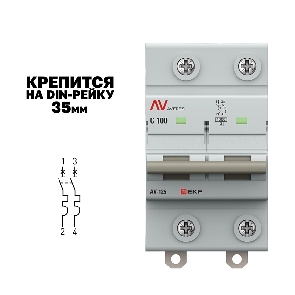 Выключатель автоматический AV-125 2P 100A (C) 10kA EKF AVERES