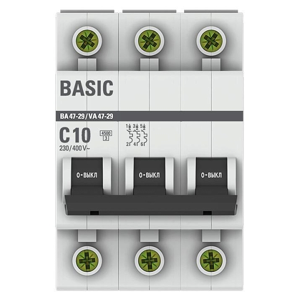 Автоматический выключатель ВА 47-29 3P 10А (C) 4,5кА BASIC