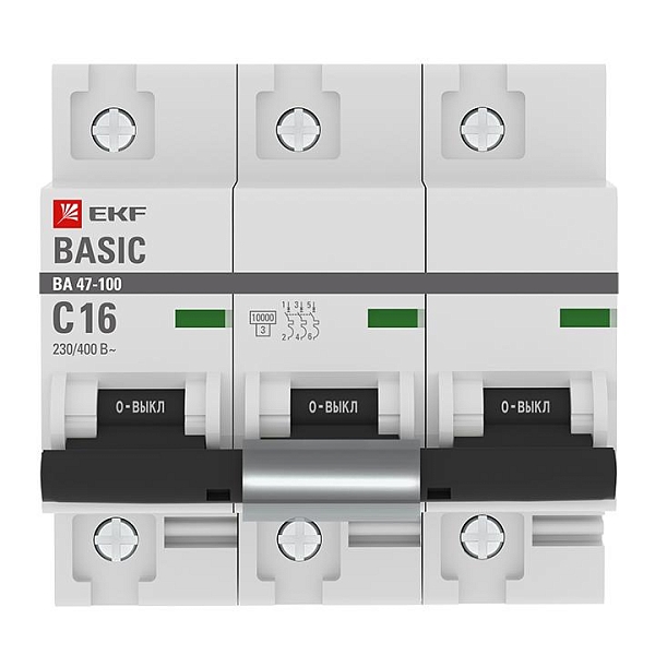 Автоматический выключатель 3P 16А (C) 10kA ВА 47-100 EKF Basic