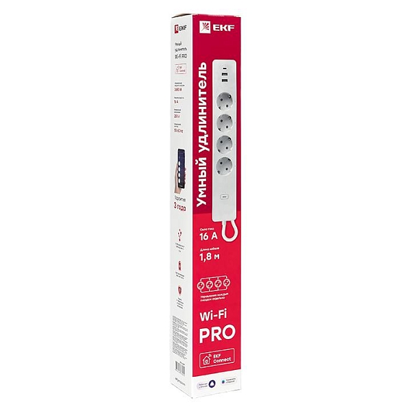 Умный удлинитель c USB Wi-Fi PRO EKF Connect