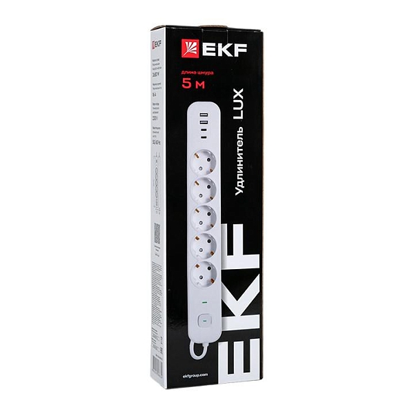 Удлинитель LUX 5 гнезд 2USB 2,4А+2type-C 5 метров 1,5мм2 EKF