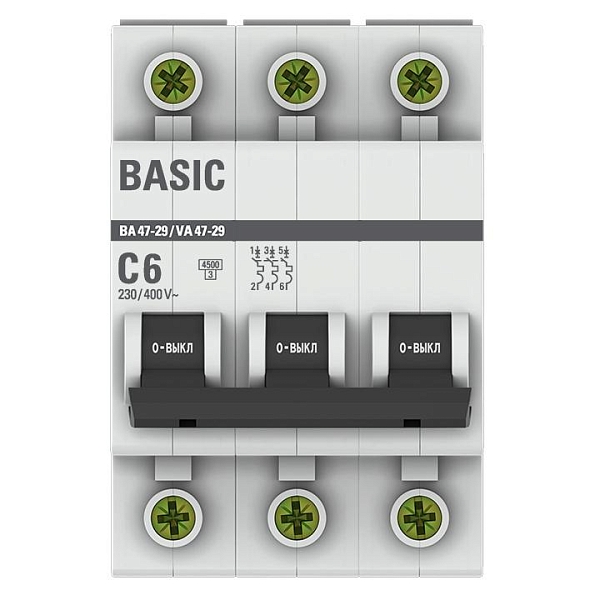 Автоматический выключатель ВА 47-29 3P 6А (C) 4,5кА BASIC