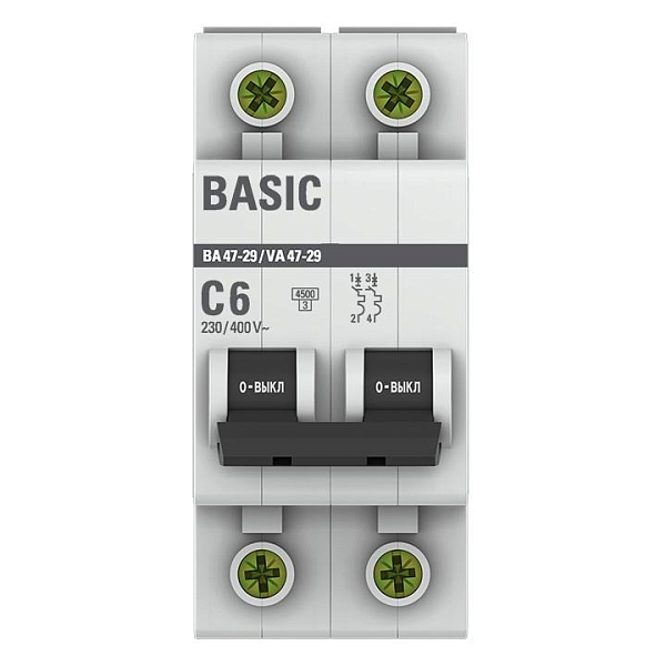 Автоматический выключатель ВА 47-29 2P 6А (C) 4,5кА BASIC