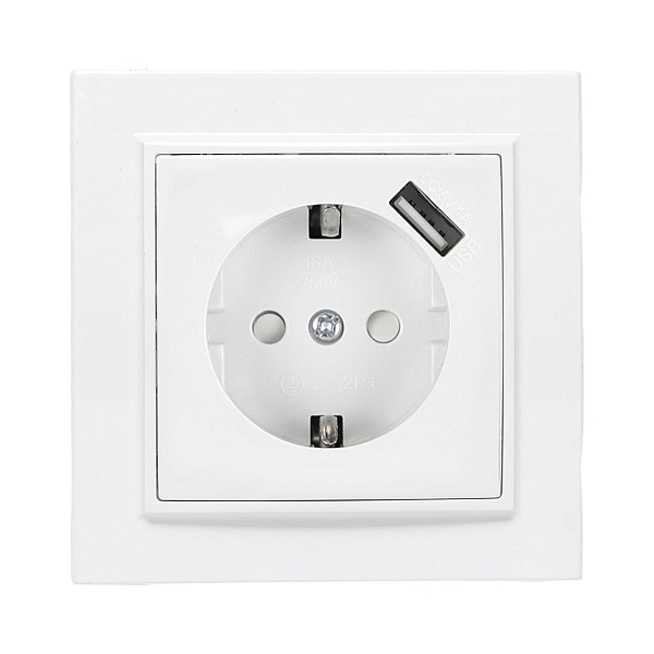 Розетка 1-местная СП с/з Минск 16А белая с защ. штор. с USB 1А EKF