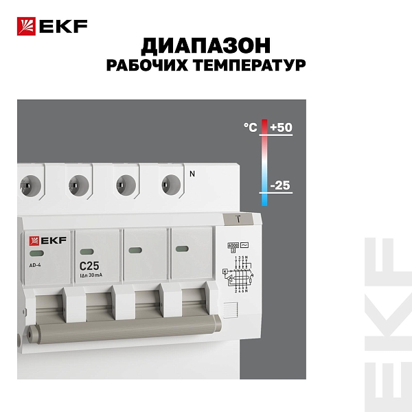 Автоматический выключатель дифференциального тока АД-4 4P 25А характеристика C 30мА тип АС электронный 6кА PROXIMA EKF