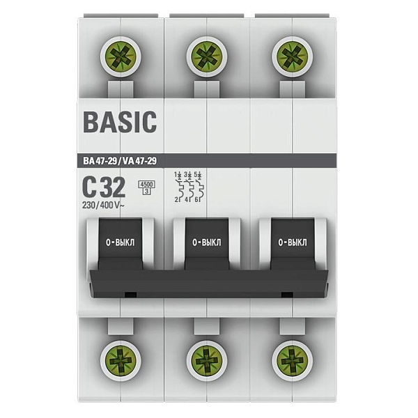 Автоматический выключатель ВА 47-29 3P 32А (C) 4,5кА BASIC