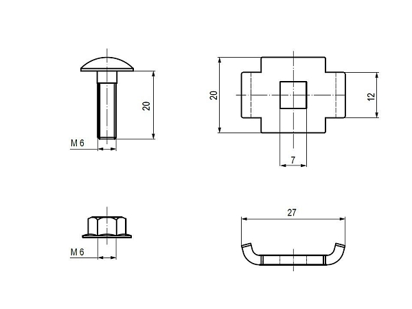 Винтовой соединительный комплект одинарный 6x20 (Винт М6+гайка) (50 шт) INOX EKF