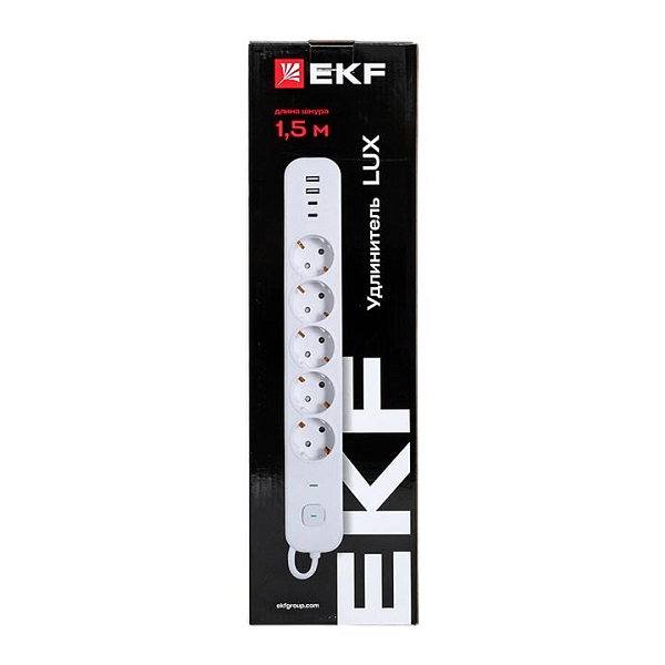 Удлинитель LUX 5 гнезд 2USB 2,4А+2type-C 1,5 метра 1,5мм2 EKF